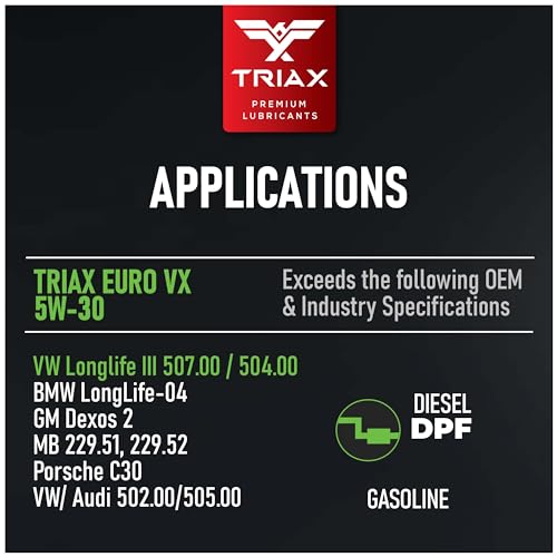 TRIAX Euro VX 5W-30 Full Synthetic Ester, Compatible with VW 507.00/504.00, VW Audi 502.00, 505.01, BMW LL-04, Porsche C30, ACEA C3, Mercedes 229.51, 229.5, 229.31 (1 Quart) - size: 1 Quart