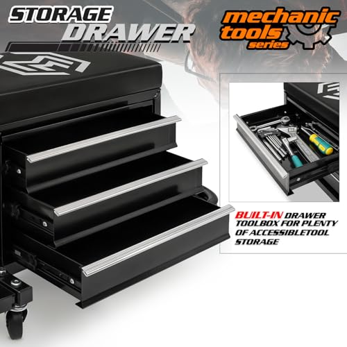 M-AUTO Rolling Mechanic Stool Garage Toolbox Stool Tool Chest Seat w/Wheels, 350LBS Capacity Padded Mechanic Stool Creeper Seat w/Drawers & Side Tool Trays for Home Garage and Workshop, Black