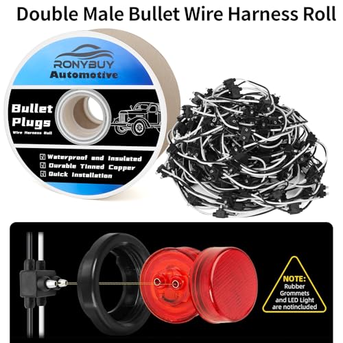 150x 2 Wire Pigtail Double Male Bullet Plugs Roll, 18 Gauge 2 Prong Wire Harness for Clearance Side Markers Trucks Trailers, Continuous 150 Plugs, 6" Lead Spacing Between Plugs - style: 150 Count