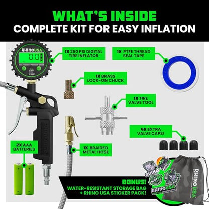 Rhino USA Digital Tire Pressure Gauge with Inflator (250 PSI) - Air Chuck - style: 250psi Digital