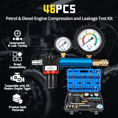 Kuntech 46PCS Compression & Leak Down Tester Kit Dual-Gauge for Petrol/Diesel Engines, Cylinder Leak Detector with Quick-Connect Hose, Compression Tester Kit for HDI, TDCi, Pumpe Duse Engine
