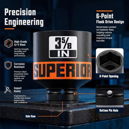 6 Piece 1”Drive Shallow Impact Socket Set, 3-1/4”-4”Axle Nut Sockets, SAE, CR-MO, 6 Point, Tools for Removing Mechanical Nuts, Large Automotive Repairs, Agricultural implement - size: 1" SAE