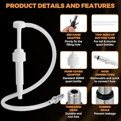 Lower Unit Gear Oil Pump for Standard Quart Bottles for 28mm bottle caps，10CC Per Pump Stroke，gear oil pump for quart bottle 3/8 inch Metal Swivel， 8mm and 10mm， 3rd Hand Adapter and 19 inch hose