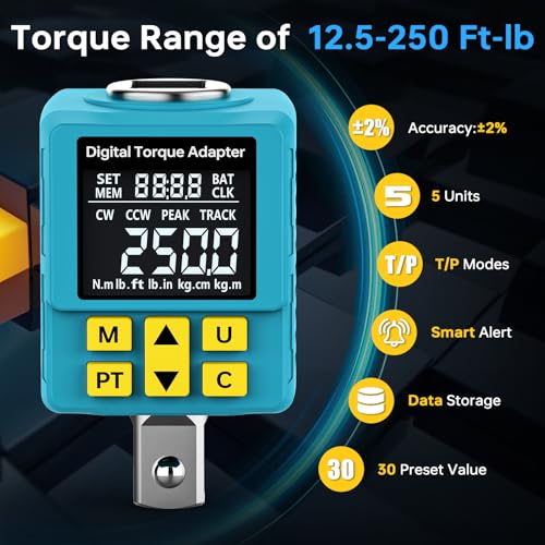 Upgrade 1/2" Digital Torque Adapter for Car, 12.5-250 Ft-lb (±2% Accuracy) - size: 12.5-250 Ft-lb/17-340 Nm