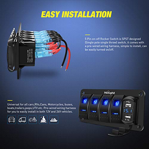 Nilight 4 Gang Rocker Switch Panel with 4.8 Amp Dual USB Charger Voltmeter - color: Blue, size: 5 Gang Dual USB