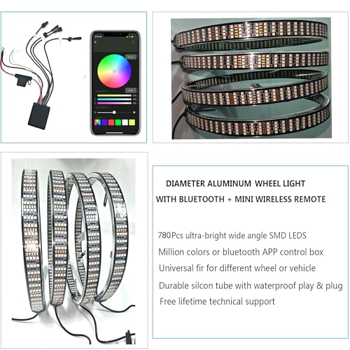 Quad Row Dual Sided 17" RGBW Pro Series LED Wheel Lights with Brake Sync and White Ground Illumination, IP68 Waterproof Smart Rim Light Kit for Trucks, SUVs, and Cars App + Remote Controls - size: 17"Quad Row Dual Sided