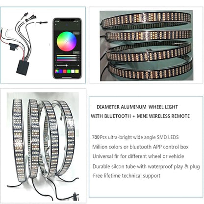 Quad Row Dual Sided 17" RGBW Pro Series LED Wheel Lights with Brake Sync and White Ground Illumination, IP68 Waterproof Smart Rim Light Kit for Trucks, SUVs, and Cars App + Remote Controls - size: 17"Quad Row Dual Sided