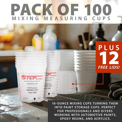 Custom Shop Paint Mixing Cups, 10-Ounce, Box of 100, Plastic Measuring Cups - color: Cups - Box of 100 + 12 Lids
