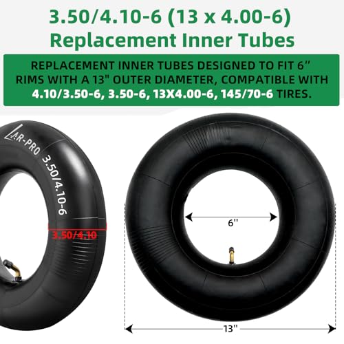 AR-PRO 3.50/4.10-6 (13 x 4.00-6) Replacement Inner Tubes for 6-Inch Rim Tires with TR-87 Bent Valve, Heavy-Duty Inner Tubes for Lawn Mowers, Wheelbarrows, Hand Trucks, Dollies – 2 Pack - size: 13x4.00-6,TR-87