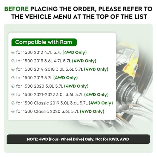 Pair (2) Front CV Axle Shaft Assembly fits for Ram 1500 (only 4WD) 3.0L 3.6L 4.7L 5.7L 2012-2022, for Ram 1500 Classic (only 4WD) 2019-2020, Driver and Passenger Side,not for RWD/2WD