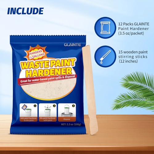 GLAINTE Waste Away Paint Hardener 12 Packs, 3.5oz - Fast Acting Solid Hardener - Drying Powder for Water-based Paint with 15 Pcs Wooden Stir Sticks - size: 42 Ounce (Pack of 1)