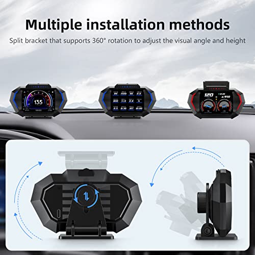AZIJYV Obd2 Gauge Display with Speed, Heads Up Display for Cars P24, Fuel Consumption, RPM, Overspeed Alarm, OBD+GPS Digital Speedometer Suitable for All Car