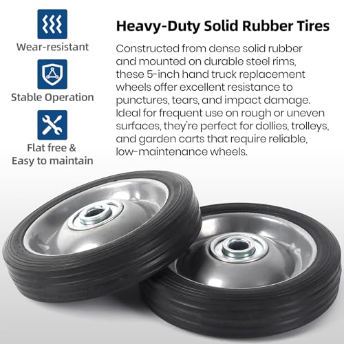 AR-PRO (2-Pack 5" x 1.2" Flat Free Solid Rubber Wheel Assemblies - Replacement Hand Truck Wheels with Ball Bearings and 1/2" Bore Hole Diameter - Heavy-Duty Solid Rubber Tire 88 lbs Load Capacity - size: 5"x1.2