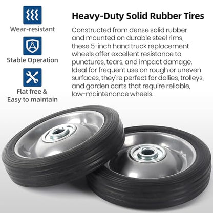 AR-PRO (2-Pack 5" x 1.2" Flat Free Solid Rubber Wheel Assemblies - Replacement Hand Truck Wheels with Ball Bearings and 1/2" Bore Hole Diameter - Heavy-Duty Solid Rubber Tire 88 lbs Load Capacity - size: 5"x1.2