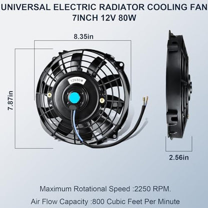MuHize 2 Pack 7 Inch Slim Radiator Fan 12V 80W 800 CFM Cooling Fan w/Mount - size: 2Pcs-7 inch