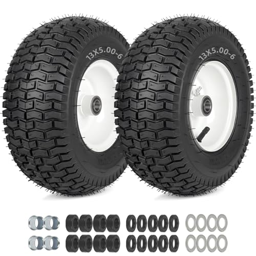 GICOOL 13x5.00-6 Rubber Lawn Mower Tire and Wheel, 2 Pcs Replacement 13x5-6nhs Riding Mowers Lawn Pneumatic Tire with Bearing Bore 3/4" & 5/8", 3" Centered Hub - color: White Rim, size: 13x5.00-6 Tire with Rim