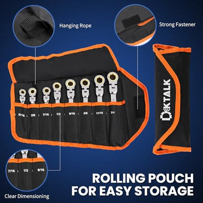 8PCS Flex Head Ratcheting Wrench Set, SAE 1/4"-3/4", 72-Tooth CR-V Steel with Rolling Pouch for Automotive Repair & Mechanics - size: SAE