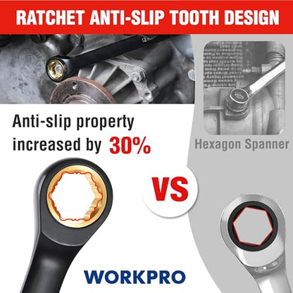 WORKPRO Extra Long Ratcheting Wrench Set, 9-Piece Anti-Slip Double Box End Wrench Set, SAE 5/16-3/4 in, 72-Tooth, Cr-V Steel and Black Electrophoretic Coating Wrenches with Rolling Pouch - size: SAE