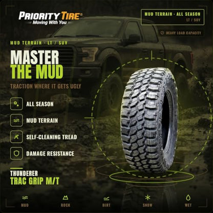 Thunderer R408 Trac Grip M/T Mud-Terrain Tire LT35/1250R20 125Q 12 Ply Rating 21 32nds Tread Depth - size: 35X12.50R20