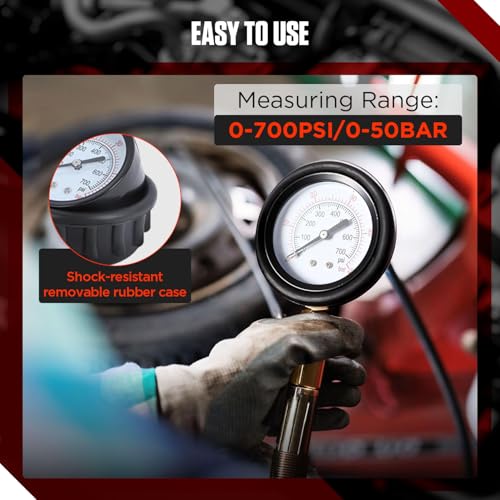Petrol & Diesel Engine Compression and Leakage Test Kit – 47PCS Comprehensive Pressure Gauge Tool Set for Diagnosing Engine Issues Fits for Most Cars, Trucks and Motorcycles - color: Red