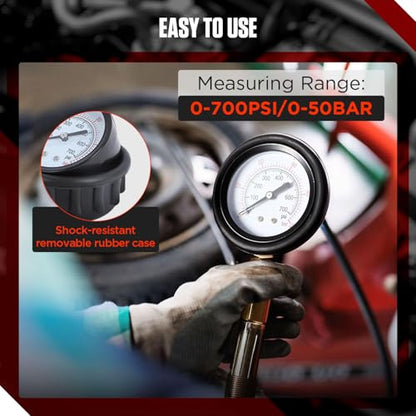 Petrol & Diesel Engine Compression and Leakage Test Kit – 47PCS Comprehensive Pressure Gauge Tool Set for Diagnosing Engine Issues Fits for Most Cars, Trucks and Motorcycles - color: Red