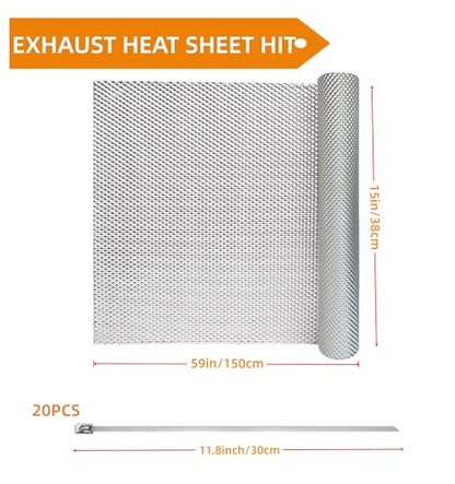 Exhaust Heat Shield Automotive 15"x59", 0.5mm Embossed Aluminum Heat Shield Kit with 20 Stainless Steel Zip Ties Cable Metal for Car Muffler Exhaust Wrap Heat Pipe High Temp Thermal Barrier - size: 15" x 59"
