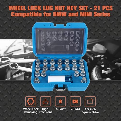 21PCS Wheel Lock Removal Kit, Fxsomgt Wheel Lock Key Automotive Wheel Anti-Theft Lock Lug Nut Screw Remover Key Socket Tool Set with 1/2 inch (12.7mm) Socket Adapter Compatible for BMW & Mini Series