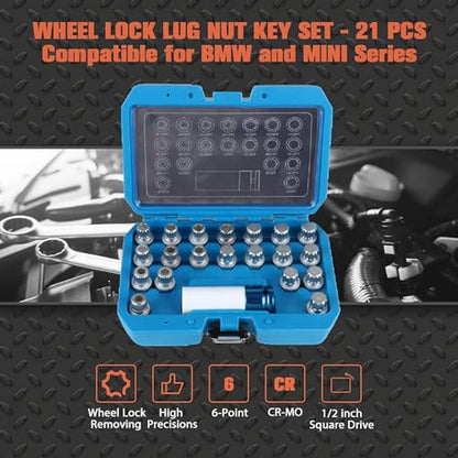 21PCS Wheel Lock Removal Kit, Fxsomgt Wheel Lock Key Automotive Wheel Anti-Theft Lock Lug Nut Screw Remover Key Socket Tool Set with 1/2 inch (12.7mm) Socket Adapter Compatible for BMW & Mini Series