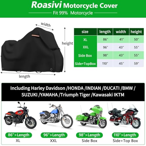 Roasivi Motorcycle Covers Waterproof Outdoor Storage for Harley Davidson Touring Models Heavy Duty Cover for General Motorcycle 98" L x 43" W x 55" H Black - size: 98" L x 43" W x 55" H