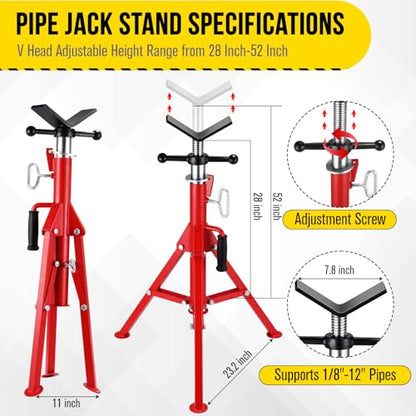 2PCS Pipe Jack Stand, Heavy Duty Pipe Stand, 2500LB Jack Stands Carbon Steel with Portable Folding Legs 28-52 Inch Height Adjustable 1/8"-12" Capacity - color: Red | 2PCS