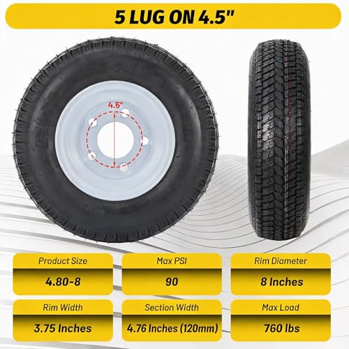 GarveeTech 2PCS 4.80-8 4.80x8 480-8 Trailer Tires with 8 inch Rims, 2 Pack 4.80 8 Tires 5 Lug on 4.5 inch, Center Bore 2.85", 6PR, Muti Function Lawn Mower & Tractor Turf & Boat Tire - size: 4.80-8, style: 5 lug