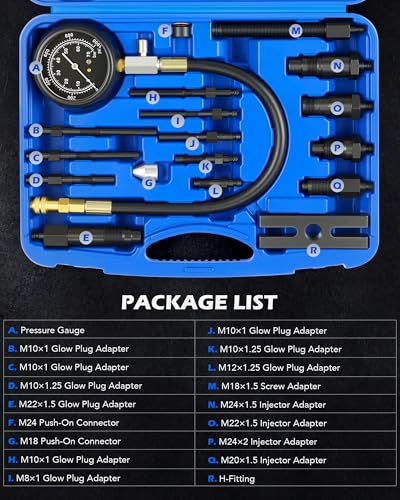 OMT 18pc Diesel Engine Compression Tester Kit, Adjustable Pressure Gauge