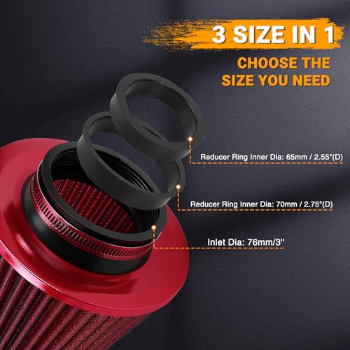 3" Cold Air Intake Filter with 65mm/2.55", 70mm/2.75" Reducer Ring Flange Diameter 3inch/76mm Air Intake Filter Kit - Red - color: red