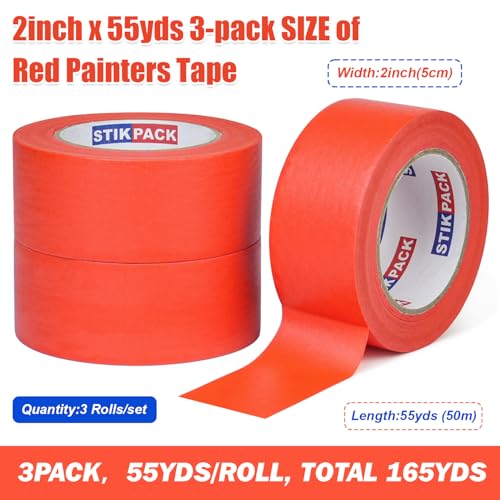 3 Rolls Red Painters Tape 2 Inch x 55 Yards (165 Total Yards), Automotive Masking Tape, Paint Tape for Painting, Painter's, DIY Crafts Arts Decoration Labeling and School Projects - color: red