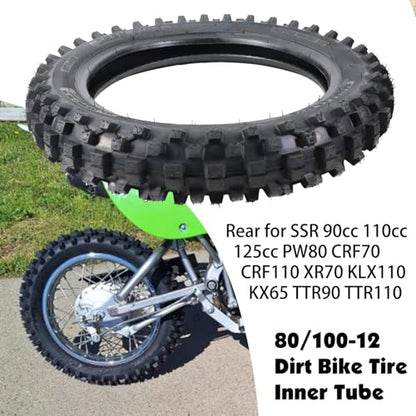 80/100-12 Rear Tire And Inner Tube，3.00-12 Motorcycle Tire for 90cc 110cc 125cc SSR/CRF XR70 CR60R/KLX110 KX60/DRZ DS80 JR80 RM50 PW80 TTR YZ60 65SX Off Road Motocross Pit Dirt Bike