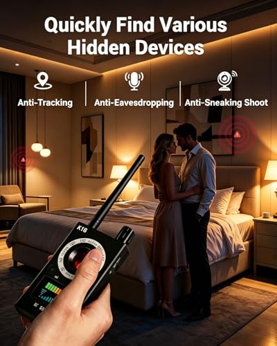 K18 Hidden Camera Detector, 3-in-1 GPS Tracker Detector & Bug Detector, Ultra-Long Battery Life Signal Scanner with Magnetic Field Finder for Hotels, Bathroom, Home, Office, Travel
