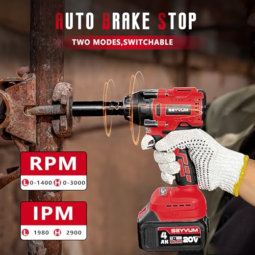 SEYVUM Impact Wrench,1/2" Impact Gun, Power Impact Driver Max Torque 320 Ft-lbs (430N.m), Cordless Impact Wrench with 20V Brushless Motor, 4.0Ah Li-ion Battery with Fast Charger, 4 Pcs Impact Sockets - style: 430 N.m