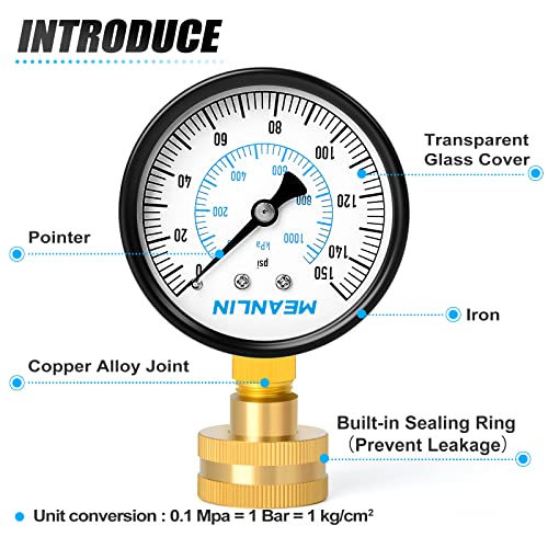 MEANLIN MEASURE 0-150psi Water Pressure Gauge,3/4" Female 2.5" FACE DIAL Water Pressure Test Gauge with Sealing Ring, Water Pressure Gauge for Home - color: Black, size: 0-150Psi