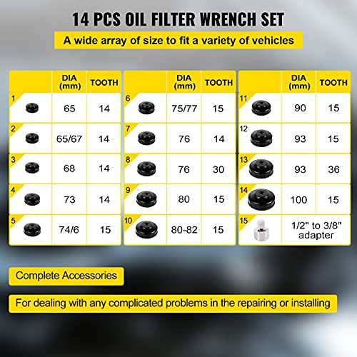 VEVOR Oil Filter Socket Set, 14 Pcs Oil Filter Wrench Set, Sturdy Steel Oil Filter Socket, 3/8" Oil Filter Socket, Low Profile Oil Filter Socket Set For Easy Access, Oil Filter Wrench Cap Set w/Case