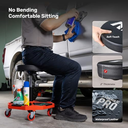 Rolling Mechanic Stool, 300 LBS Adjustable Garage Shop Seat with Tool Trays