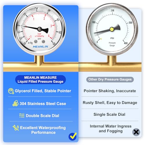 MEANLIN MEASURE -30inHG~60Psi Stainless Steel 1/4" NPT 2.5" FACE DIAL Vacuum Pressure Gauge, Center Back Mount, 1/2" NPT and 3/8" NPT Hex Bushing - size: -30inHG-60Psi
