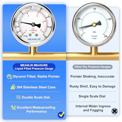 MEANLIN MEASURE -30inHG~60Psi Stainless Steel 1/4" NPT 2.5" FACE DIAL Vacuum Pressure Gauge, Center Back Mount, 1/2" NPT and 3/8" NPT Hex Bushing - size: -30inHG-60Psi