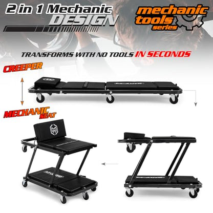 M-AUTO Heavy-Duty Convertible Mechanic Creeper, Z-Creeper 2-in-1 Creeper and Seat 48" Padded Adjustable Headrest Roller Garage Chair with 7 Swivel Casters for Washing, Detailing, Maintenance, Black - color: Black, size: 48"