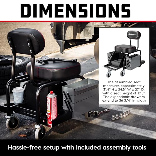 Powerbuilt Professional Mechanics Roller Seat, Heavy Duty Padded Detailer Seat and Backrest, Sliding Storage Drawers, Tool Tray, Can Holders, 4-Inch Swivel Wheels - size: Sliding Storage Drawers