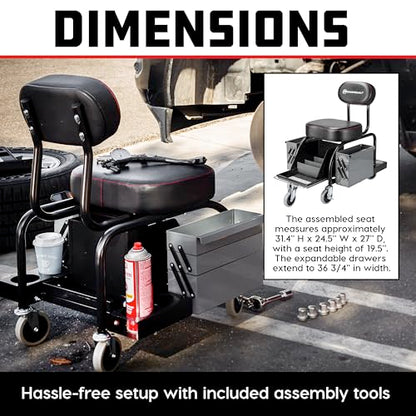 Powerbuilt Professional Mechanics Roller Seat, Heavy Duty Padded Detailer Seat and Backrest, Sliding Storage Drawers, Tool Tray, Can Holders, 4-Inch Swivel Wheels - size: Sliding Storage Drawers
