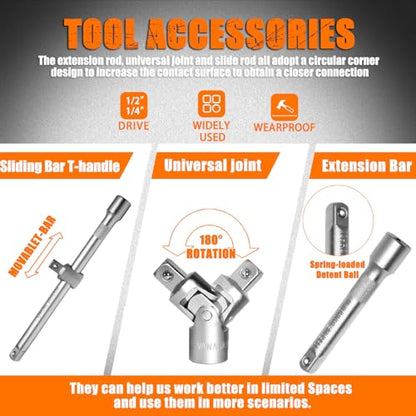 XHTT Mechanics Tools Kit,108-Piece 1/4"&1/2 Metric And Standard Socket Set,Ratchet Set,Quick Release Reversible Ratchet Wrench,Universal Joint,Extension Bars.