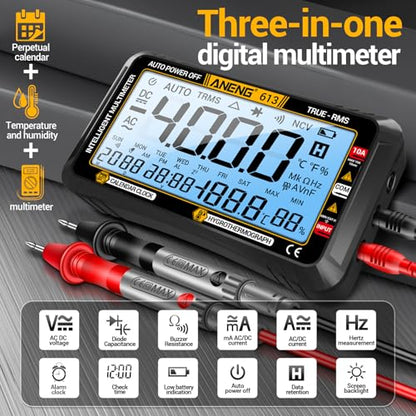 ANENG Digital Multimeter Tester,4000 Counts Voltage Tester,Auto-Ranging TRMS Volt Meter,Large LCD Ohm Meter Measures AC/DC Current,Voltage,Resistance, Diode,Continuity,Capacitance,Temperature - style: 613 Black Large Screen