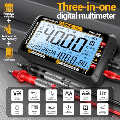 ANENG Digital Multimeter Tester,4000 Counts Voltage Tester,Auto-Ranging TRMS Volt Meter,Large LCD Ohm Meter Measures AC/DC Current,Voltage,Resistance, Diode,Continuity,Capacitance,Temperature - style: 613 Black Large Screen