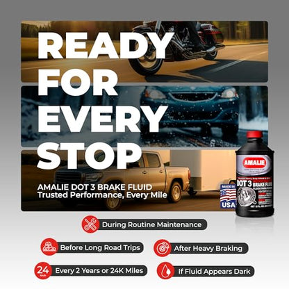 Amalie DOT 3 Brake Fluid (160-65031-EA), Heavy Duty Drum & Disc Brake Fluid for Cars, Trucks & Motorcycles with Corrosion Protection & Long-Term Stability, Made in USA, 12oz - size: 12 Ounce, Single bottle