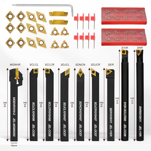 Indexable Lathe Turning Tool 27Pcs Kit 3/8'' 10mm Shank, 9Pcs Metal Lathe Tools Holder Set with 18Pcs Inserts, for Turning Grooving Threading Boring, Lathe Tooling with Reverse Tool Design - style: 9pcs 3/8'' 10mm Shanks+18pcs Inserts